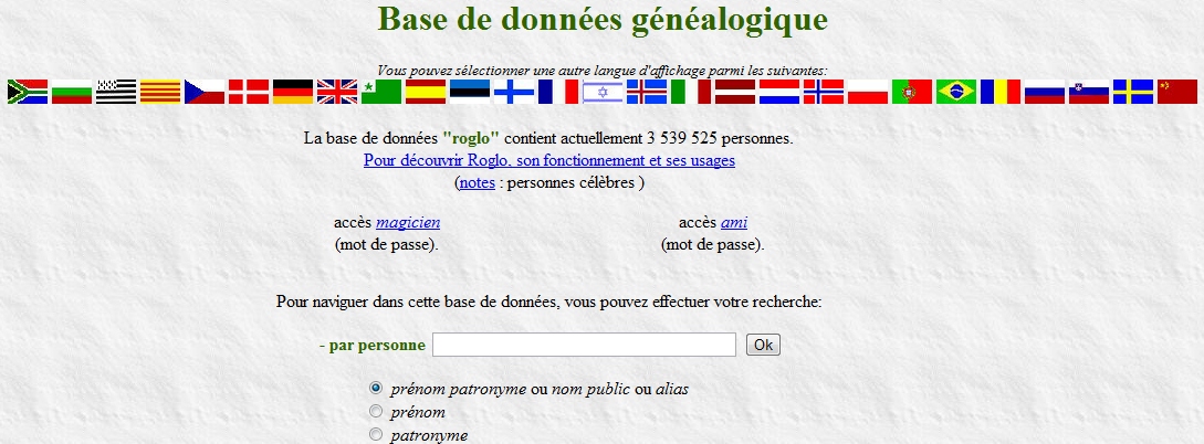 Page d'accueil du site généalogique Roglo - www.roglo.eu