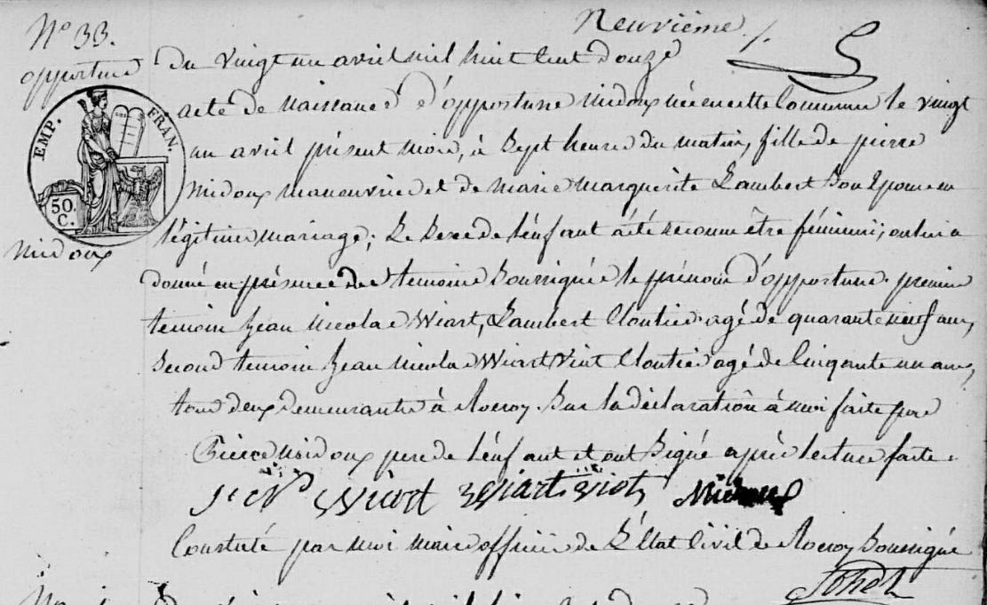 Acte de naissance d'Opportune Midoux à Rocroi (Ardennes) le 21 avril 1812