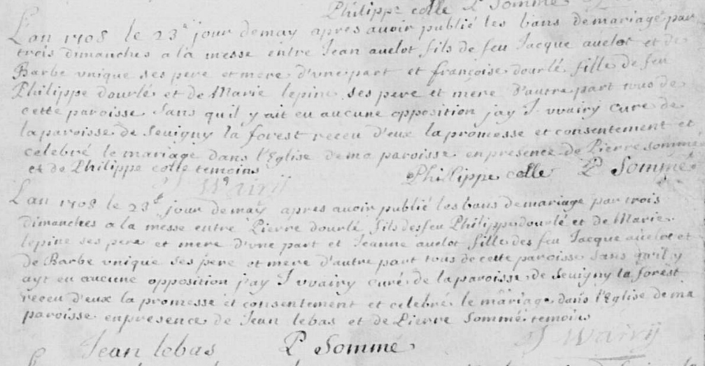 Deux mariages groupés le 23 mai 1708 à Sevigny la Forêt (Ardennes)