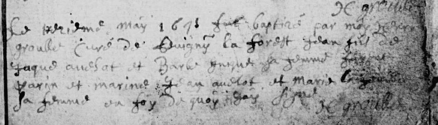 Acte de baptème de Jean Avelot en mai 1671 à Sevigny la Forêt (Ardennes)