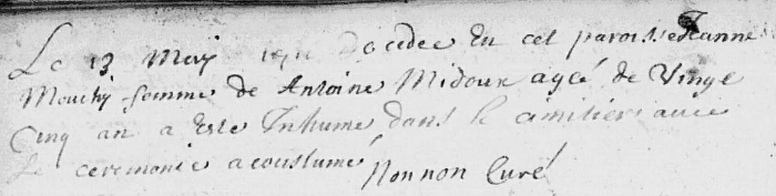 Acte de décès de Jeanne Mouchy le 13 mai 1711 à Foulzy (Ardennes)