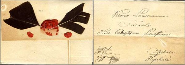 lettre ancienne d'Aaland / Ahvenanmaa d'avril 1836 sans timbre poste mais avec un sceau comportant deux plumes d'oiseau dans de la cire pour signifier envoi postal express