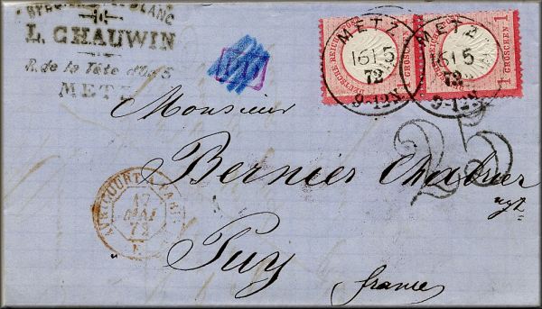 lettre ancienne (avec timbres d'Allemagne et cachets) de Metz (Lorraine - France) --> Puy en Velay (France) - 16 mai 1872