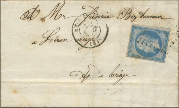 lettre ancienne (avec timbre poste francais Napoleon III et cachets postaux) de Andorre la Vieille (Andorra / Andorre)  --> Leran (Ariege - France) (11 juillet 1858)