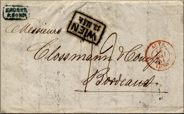 lettre ancienne (sans timbre poste avec cachets) Vienne / Wien --> Bordeaux 13/05/1851