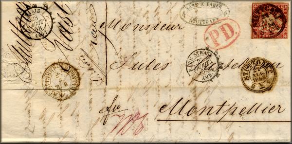 lettre ancienne (avec timbre poste et nombreux cachets) Stuttgart (Wurtemberg - Allemagne) --> Montpellier (France) 27/08/1858
