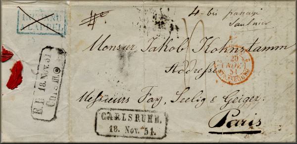 lettre ancienne (sans timbre poste - avec cachets) de Karlsruhe / Carlsruhe (Bade / Baden - Allemagne) --> Paris (Seine - France) 18 novembre 1851