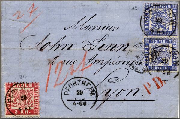 lettre ancienne (avec timbres poste et cachets) de Pforzheim (Bade / Baden - Allemagne)  --> Lyon (Rhone - France) - 29 aout 1871