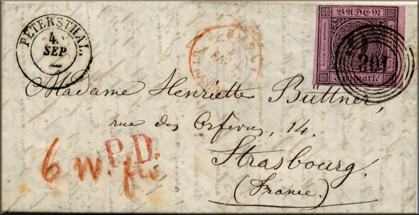 lettre ancienne (avec timbre poste et cachets) de Peterstal / Petersthal (Bade / Baden - Allemagne) --> Strasbourg (Alsace - France) - 04 septembre 1854