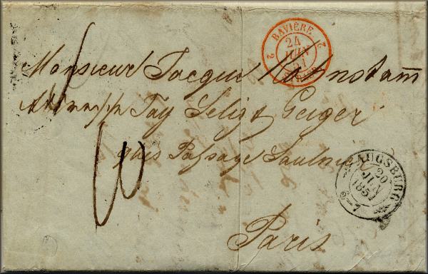 lettre ancienne (sans timbre poste avec cachets) de Augsburg (Baviere - Allemagne) --> Paris (Seine - France)  20 juin 1861