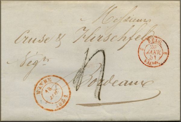 lettre ancienne (sans timbre poste avec cachets) de Wavre (Belgique) --> Bordeaux (Gironde - France) - 18 janvier 1851