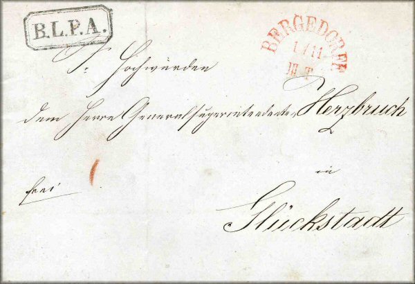 lettre ancienne (sans timbre poste mais avec 2 cachets postaux) de Bergedorf (Allemagne du Nord) --> Gluckstadt / Glueckstadt (Holstein - Allemagne) du 1er novembre 1853