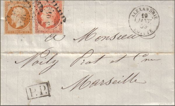 lettre ancienne (avec timbre poste empire laure et cachets postaux) d'Alexandrie / Alexandria (Egypte) --> Marseille (Bouches du Rhone - France) - 19 janvier 1859