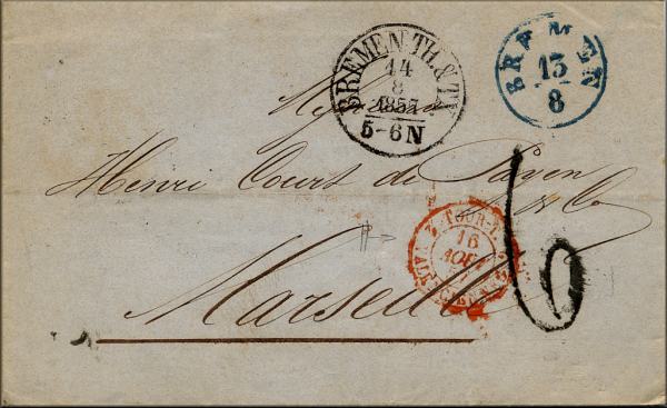 lettre ancienne (sans timbre poste et avec cachets) Bremen --> Marseille [13/08/1857]