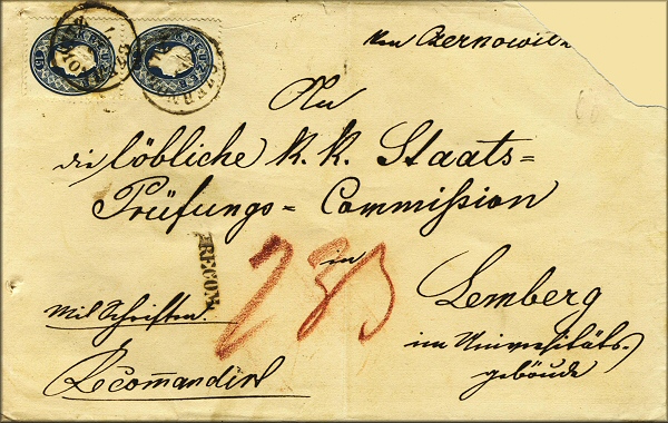 lettre ancienne recommandee (avec deux timbres poste et cachet postal) de Czernowitz / Chernivtsi / Chernivets’ka / Chernivechchyna (Bucovine / Bucovina / Bukovyna - Ukraine) vers Lemberg / Lviv / Lvov / Leopol (Galicie / Galizien / Halychyna - Ukraine) du 2 juillet 1862