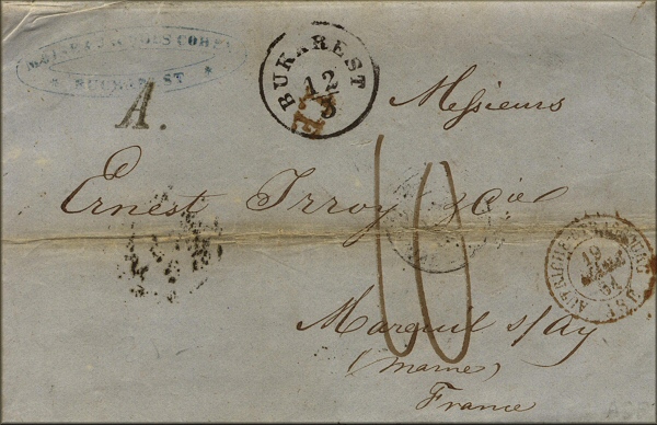 lettre ancienne (avec timbre poste et cachets) : Bucarest / Bukarest (Valachie - Roumanie) --> Mareuil sur Ay (Marne - France) via Hermannstadt / Sibiu, Vienne / Wien et Strasbourg du 12 mars 1861