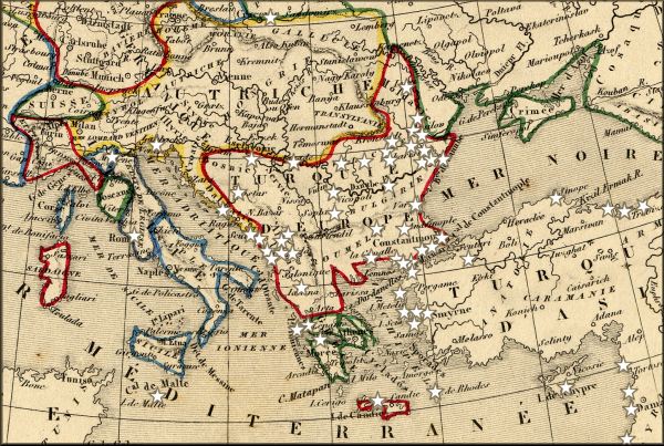 les bureaux de poste d'Autriche a l'etranger sur une ancienne carte geographique francaise de 1843