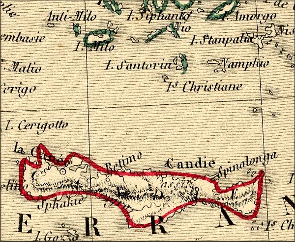 Crete et Santorin - carte geographique ancienne (atlas francais de 1843)