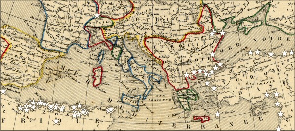 bureaux de poste francais a l'etranger et en Algerie francaise vers 1860 - carte geographique ancienne d'Alexandre Vuillemin de 1843