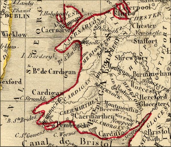 Pays de Galles / Wales / Cymru - Royaume Uni de Grande Bretagne / United Kingdom of Great Britain - carte geographique ancienne (atlas d'Alexandre Vuillemin - Paris 1843)