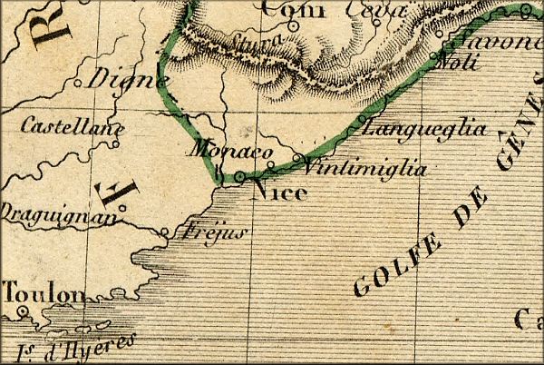principaute de Monaco fief de la famile Grimaldi - carte geographique ancienne (atlas de Vuillemin de 1843)