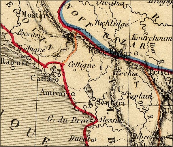 Montenegro / Crna Gora (Serbie et Montenegro / ex Yougoslavie) - carte geographique ancienne (atlas d'Alexandre Vuillemin - Paris 1843 et carte d'etat major de l'armee d'Autriche)