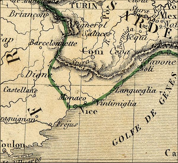 Nice / Nizza Marittima patrie de Giuseppe Garibaldi heros du Risorgimento - carte geographique ancienne (atlas de 1843)