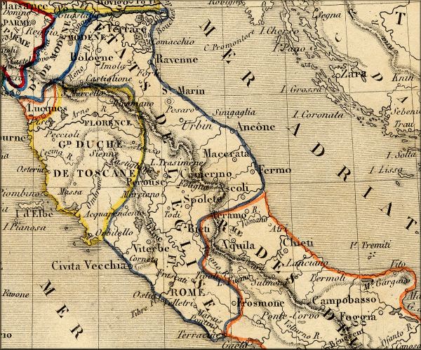 Etats Pontificaux / etats du pape / Stato Pontificio - Ombrie / Umbria - Marche / Marches - Italie / Italia / Italy - carte geographique ancienne (atlas de 1843)