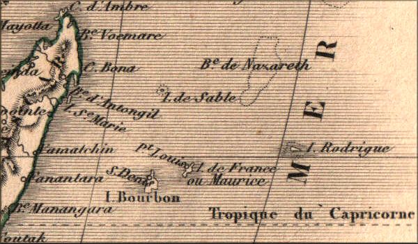 Réunion et iles Mascareignes - Océan Indien - carte geographique ancienne (atlas de geographie de 1843)