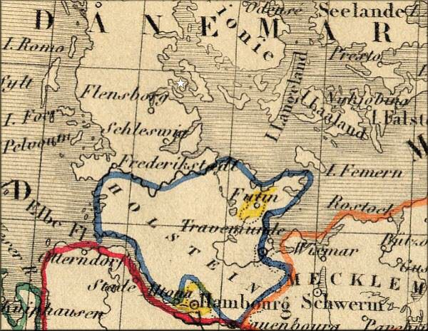 duche de Schleswig / Slesvig / Sonderjylland (Schleswig Holstein - Jutland - Allemagne / Danemark) - carte geographique ancienne de 1843