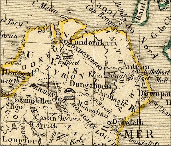 Ulster / Irlande du Nord / Northern Ireland - Royaume Uni / United Kingdom - carte geographique ancienne (atlas d'Alexandre Vuillemin - Paris 1843)