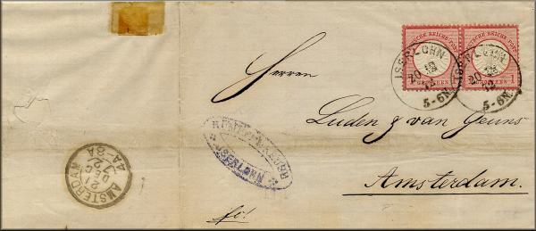lettre ancienne (avec timbres poste et cachets) Iserlohn --> Amsterdam (Pays Bas) [20/12/1872]
