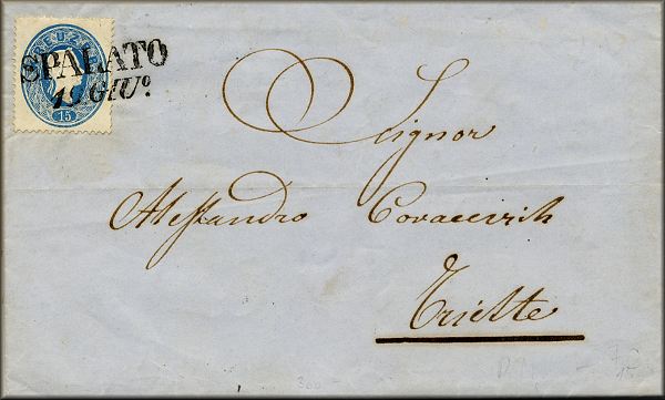 lettre ancienne (avec un cachet postal et un timbre poste) : Spalato / Split (Dalmatie / Croatie) --> Trieste / Triest (Frioul / Italie) du 19 juin 1862 transportee par le Lloyd Austriaco