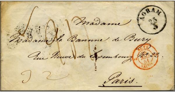 lettre ancienne (sans timbre poste, avec cachets de la poste et sceau au verso) Agram / Zagreb (Hrvat / Croatie) -->  Paris (Seine - France) - 23/05/1851