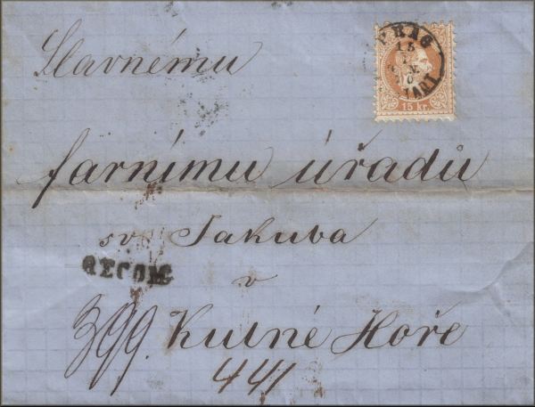 lettre ancienne recommandee (avec 1 timbre poste et cachets postaux) de Prag / Prague / Praha (Republique tcheque / Tchequie) --> Kutne Hore / Kutna Hora / Kuttemberg (Republique tcheque / Tchequie) du 15 juillet 1870