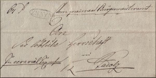 lettre ancienne (sans timbre avec cachets postaux et mentions) de Znaym / Znojmo (Tchequie / Republique tcheque) --> Kadolz / Seefeld Kadolz (Autriche) du 31 mai 1835