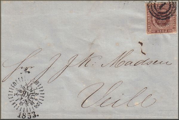 lettre ancienne (avec un timbre poste et un cachet postal exceptionnel) Copenhague / Kjobenhavn (Danemark) --> Veill  / Vejle - 16/09/1853