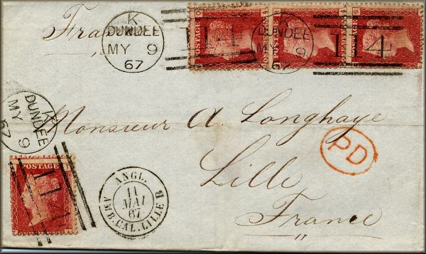 lettre ancienne avec 4 timbres poste Victoria et cachets postaux ecossais) de Dundee (Ecosse / Scotland - Royaume Uni / United Kingdom) --> Lille (Nord - France) du 9 mai 1867