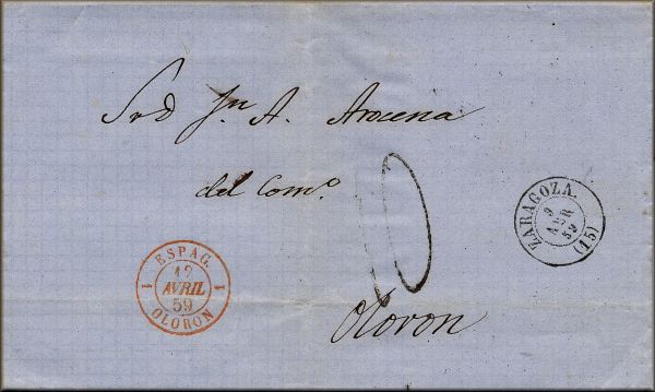 lettre ancienne (sans timbre poste avec cachets de la poste) Zaragoza  / Saragosse (Espagne) --> Oloron Sainte Marie (France) - 09/04/1859