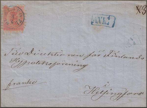 lettre ancienne (avec timbre poste et cachet postal) : Alavo / Alavus (Finlande / Suomi) --> Helsingfors / Helsinki - 03/04/1872