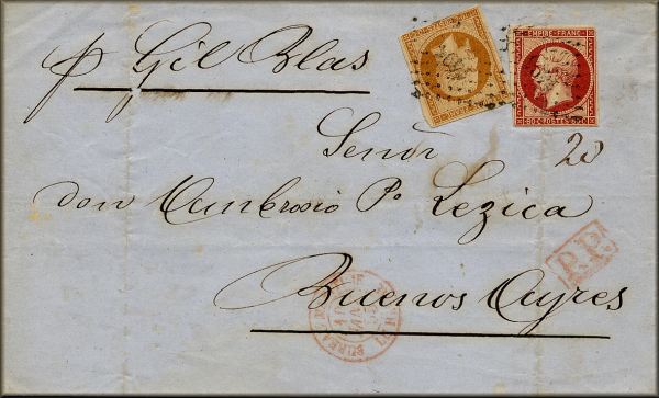 lettre ancienne avec 2 timbres poste Napoleon III (Second Empire) (graveur Barre) et 4 cachets : le Havre (Seine Maritime - France) --> Buenos Aires (Argentine) - 10/01/1855 (tarif postal triple port)