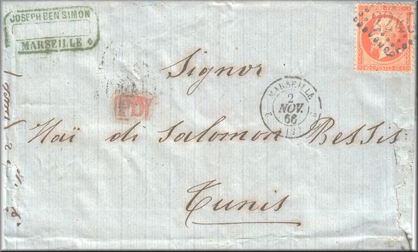 lettre ancienne avec un timbre Napoleon III : Marseille (France) --> Tunis (Tunisie) - 02/11/1866 (tarif postal etranger)