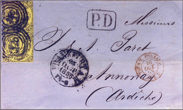 lettre ancienne de la poste Thurn und Taxis / Tours et Taxis (avec timbres poste et cachets) Frankfurt / Francfort (Allemagne) --> Annonay (Ardeche - France) du 25 octobre 1858