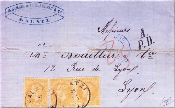 lettre ancienne (avec timbres poste et cachets postaux) de Galatz / Gallatz / Galati (Moldavie / Roumanie) --> Lyon (Rhone - France) du 23 juin 1875