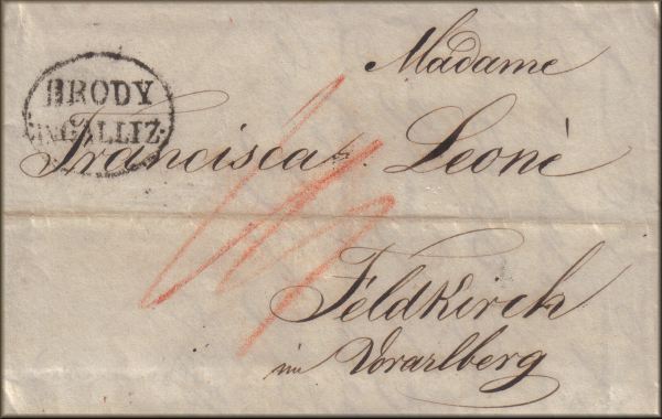 lettre ancienne (sans timbre poste et avec cachet postal) de Brody / Brodi / Brod (Galicie / Galliz / Galizien - Ukraine / Ukraine) --> Feldkirch (Vorarlberg - Autriche) du 5 mars 1830