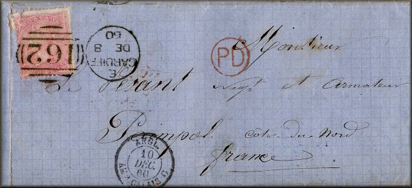 lettre ancienne (avec 1 timbre poste Victoria et cachets postaux) de Cardiff (Pays de Galles / Wales / Cymru - Royaume Uni / United Kingdom) --> Paimpol (Cotes du Nord - Bretagne - France) via Calais du 8 decembre 1860