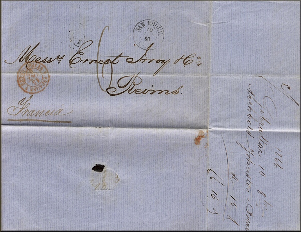 lettre ancienne (avec timbre poste et cachet postal) de Gibraltar --> Reims (France) via San Roque (Espangne) et Saint Jean de Luz (France) - 10 octobre 1866