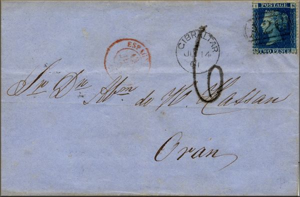 lettre ancienne (avec timbre poste et cachet postal) de Gibraltar --> Oran (Algérie française) - 14/07/1861