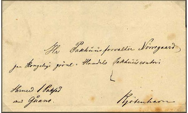 lettre ancienne accompagnant un colis de guano (sans timbre et sans cachet) : Ritenbenk (Groenland) --> Copenhague / Kjobenhavn (Danemark) - 01/08/1850