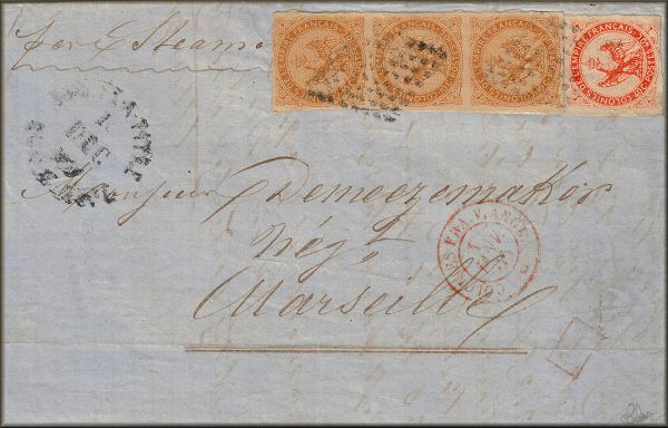 lettre ancienne (avec quatre timbres poste aigle et cachets postaux) Pointe à Pitre (Guadeloupe - France) --> Marseille (France) - 01/12/1865